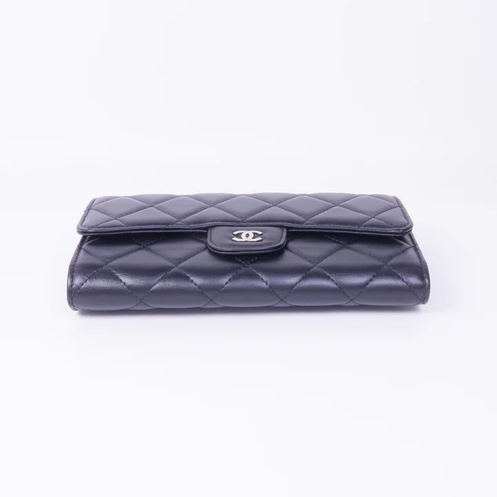Pre=owned CHANEL Long Wallet Lambskin Leather Black
