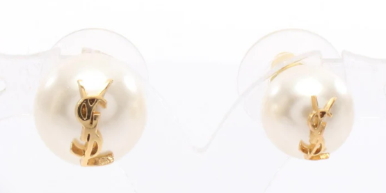 Pre-owned SAINT LAURENT PARIS YSL logo Earrings GP (gold plated) Fake pearl Gold White
