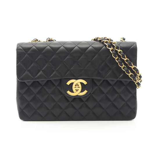 Pre-owned CHANEL Decamatlassé 34 W chain shoulder bag Lambskin Black Gold hardware Vintage
