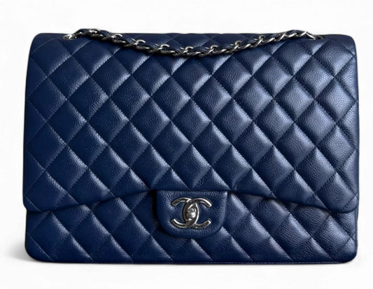 Pre-owned Chanel Dark Blue Double Flap Maxi 34CM Caviar Leather