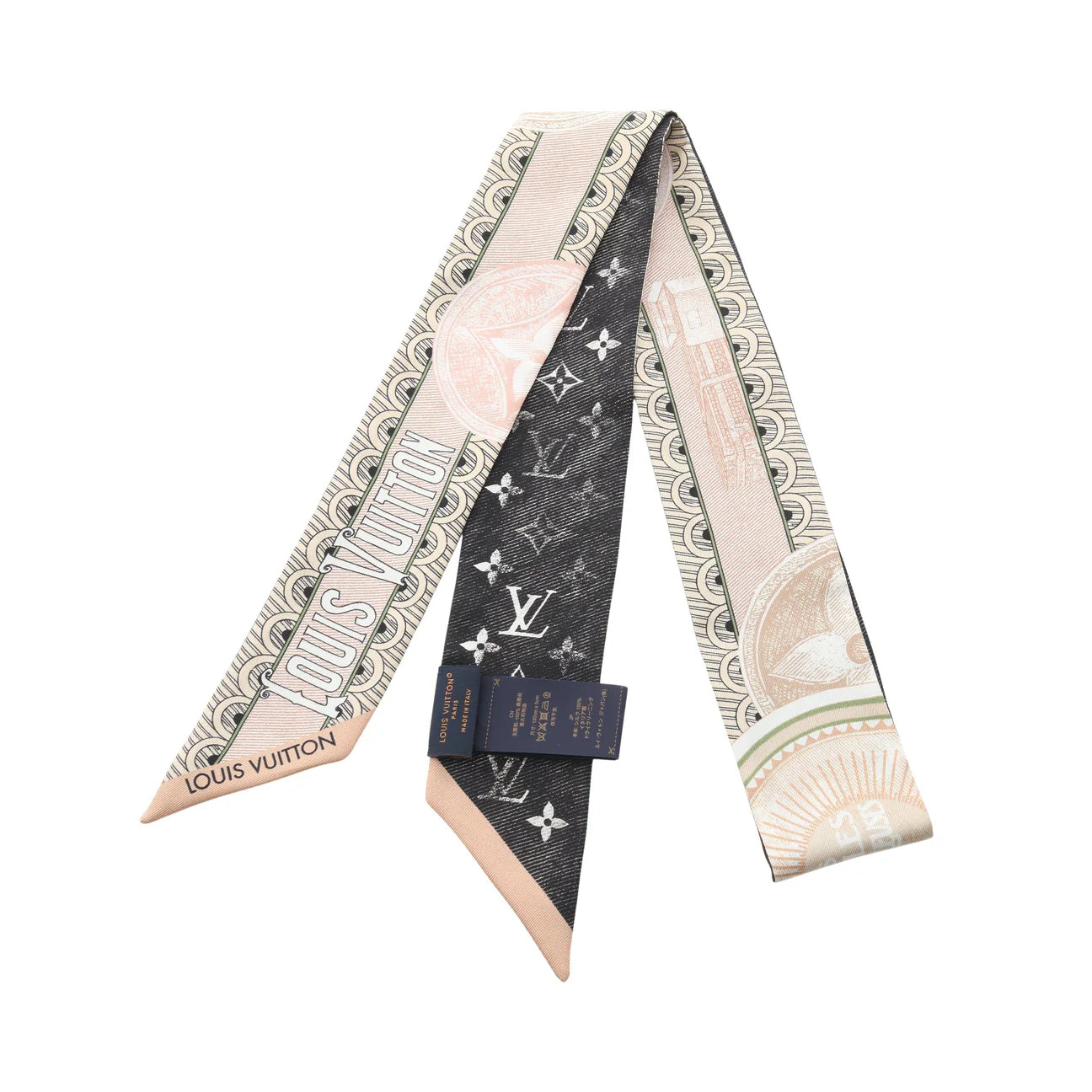 Pre-owned LV Bandeau BB Malle Merveilleuse Scarf Silk Beige Black Multicolor