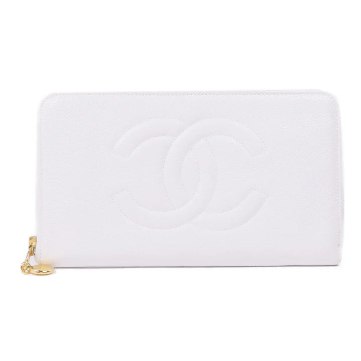 Pre-owned CHANEL CC GHW Long Wallet Calfskin Leather White