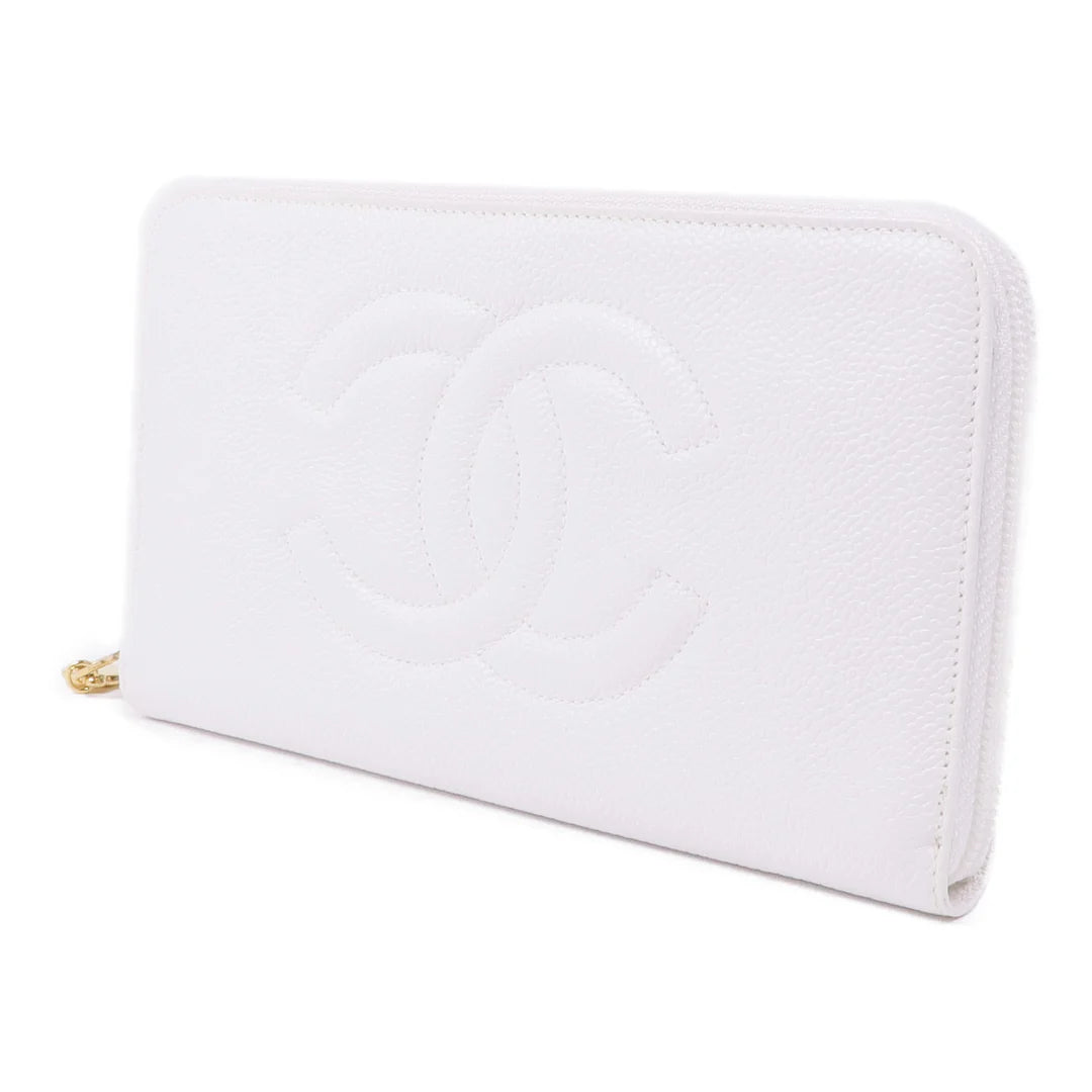Pre-owned CHANEL CC GHW Long Wallet Calfskin Leather White