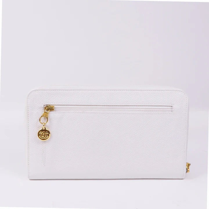 Pre-owned CHANEL CC GHW Long Wallet Calfskin Leather White