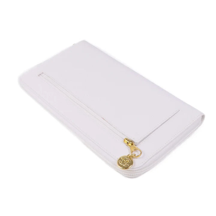 Pre-owned CHANEL CC GHW Long Wallet Calfskin Leather White