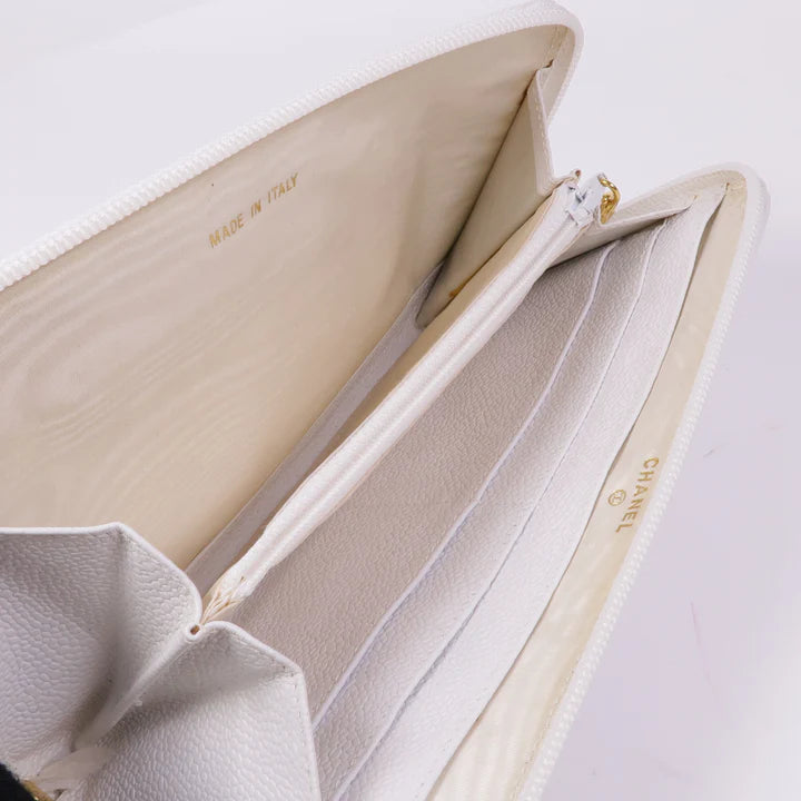 Pre-owned CHANEL CC GHW Long Wallet Calfskin Leather White