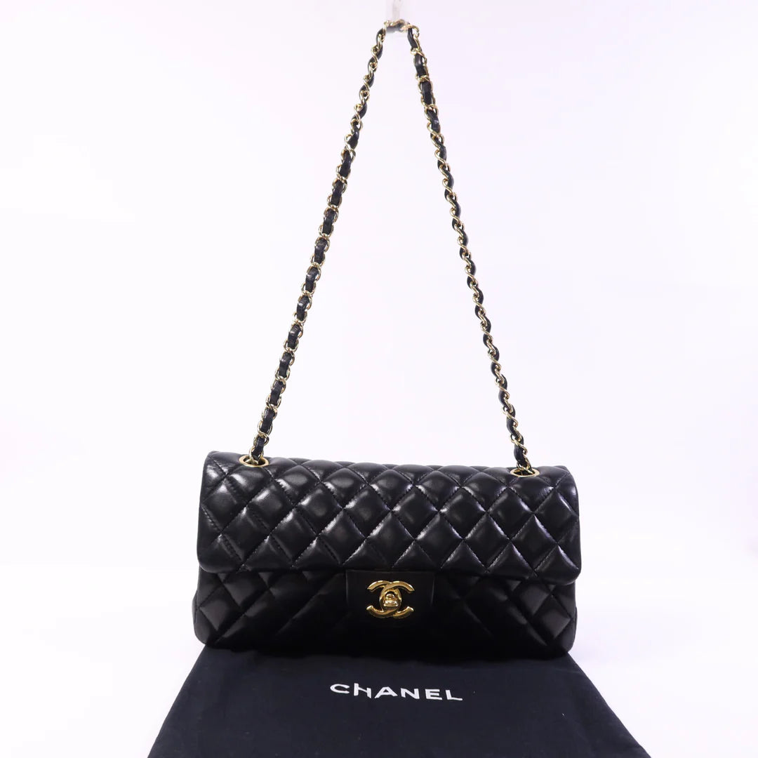 Pre-owned CHANEL Vintage Classic East West Flag Chain Shoulder Bag Lambskin Leather