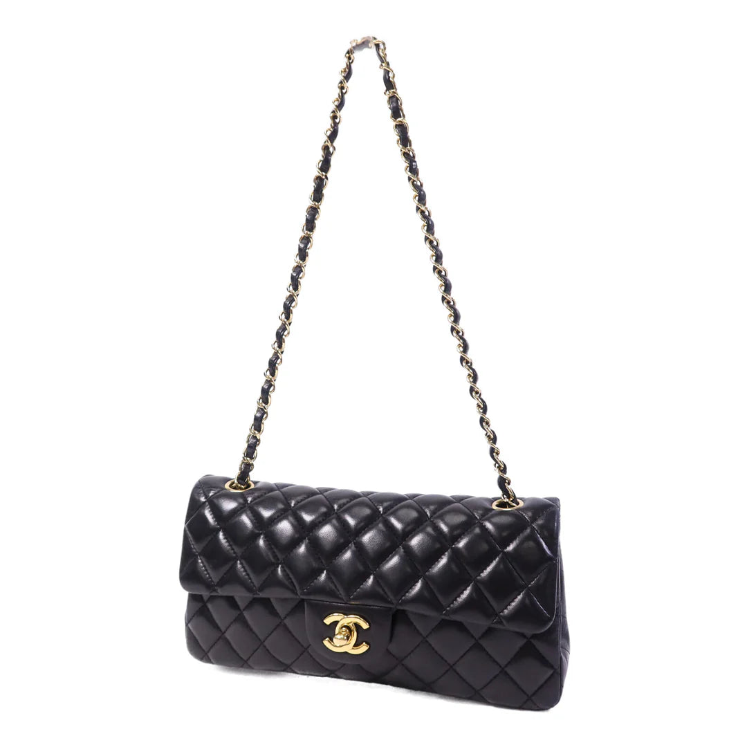 Pre-owned CHANEL Vintage Classic East West Flag Chain Shoulder Bag Lambskin Leather