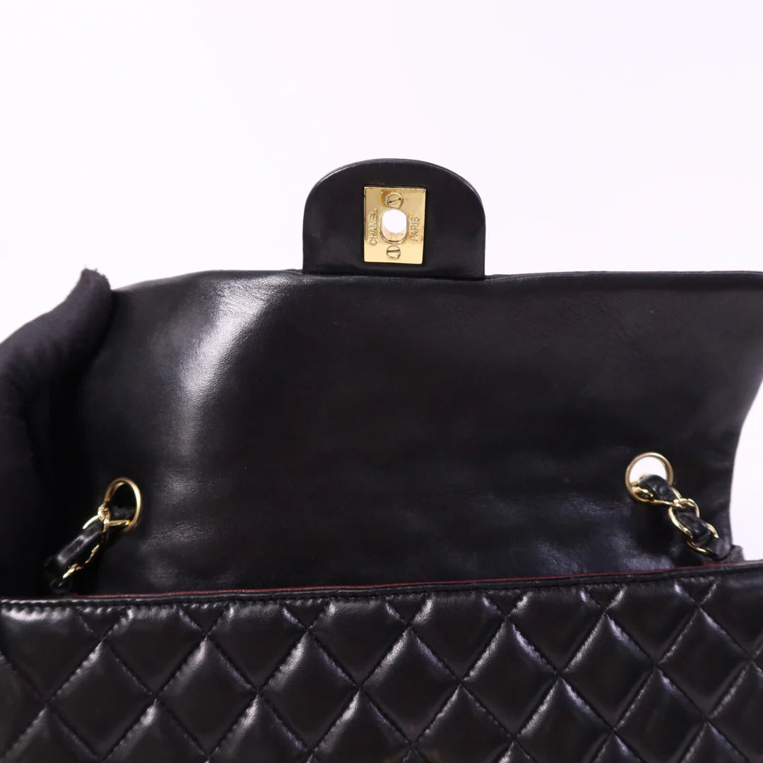 Pre-owned CHANEL Vintage Classic East West Flag Chain Shoulder Bag Lambskin Leather
