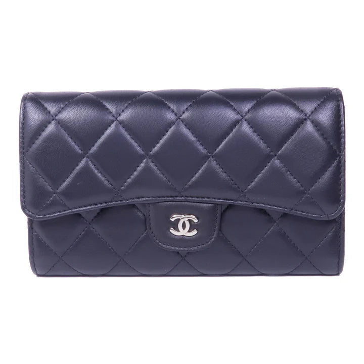 Pre=owned CHANEL Long Wallet Lambskin Leather Black
