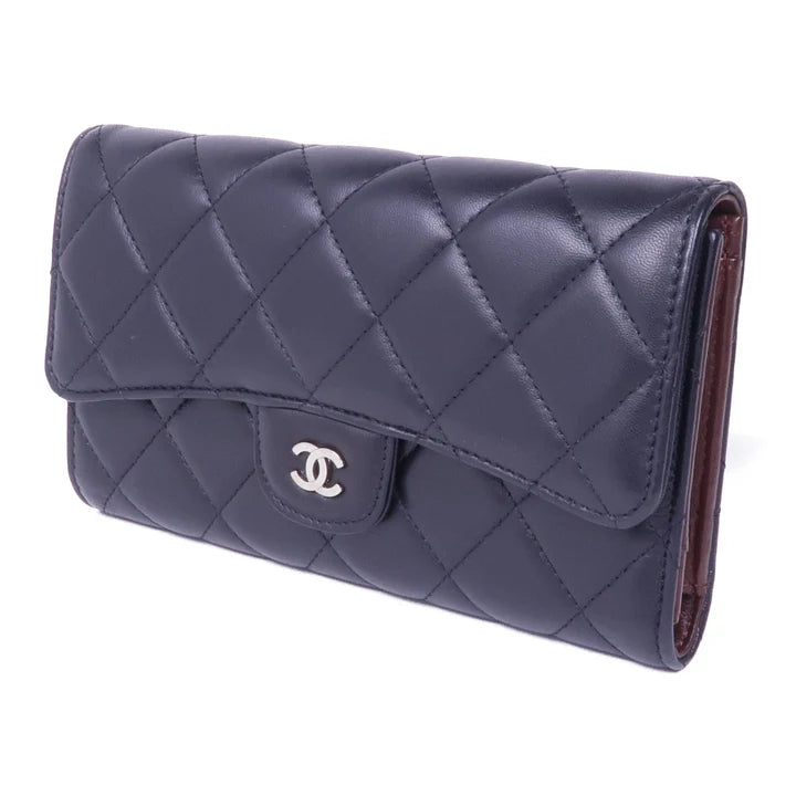 Pre=owned CHANEL Long Wallet Lambskin Leather Black