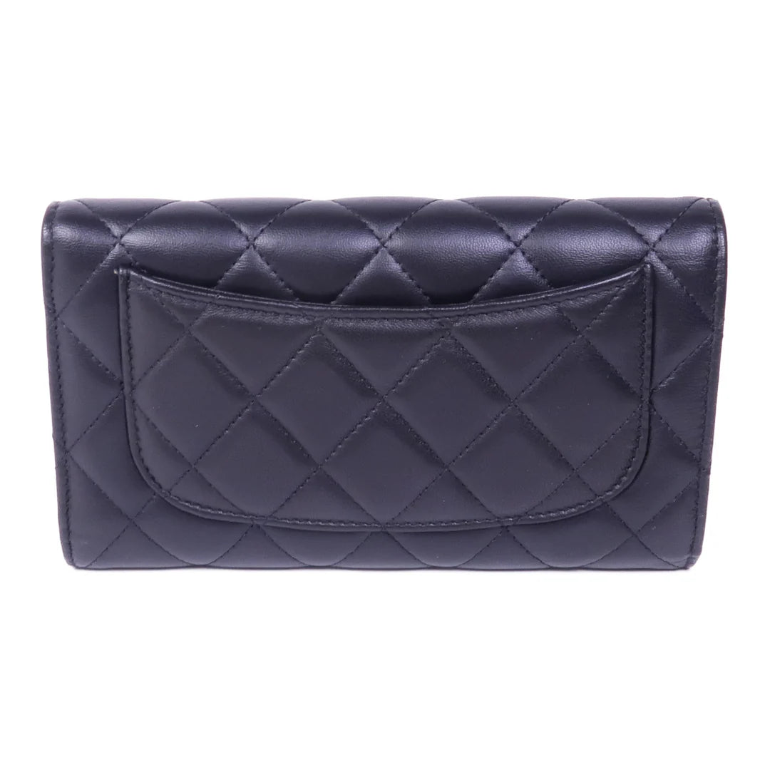 Pre=owned CHANEL Long Wallet Lambskin Leather Black