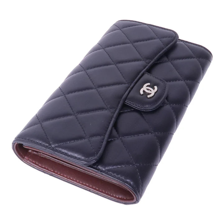 Pre=owned CHANEL Long Wallet Lambskin Leather Black