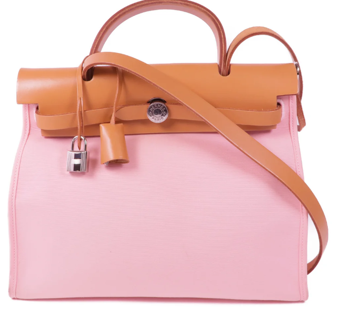 Pre-owned HERMES PHW Herbag PM 2 Way Shoulder Bag Canvas Rose Sakura/Pink