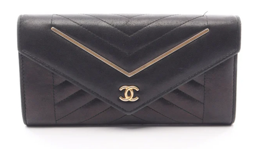 Pre-owned CHANEL Chevron V-stitch Bi-fold Long Wallet Lambskin