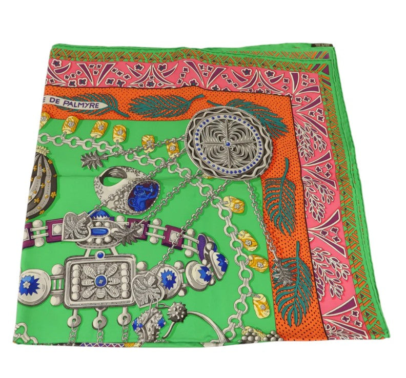 Pre-owned HERMES 90x90 Scarf Scarves Silk Green/Orange/Pink/Multicolor