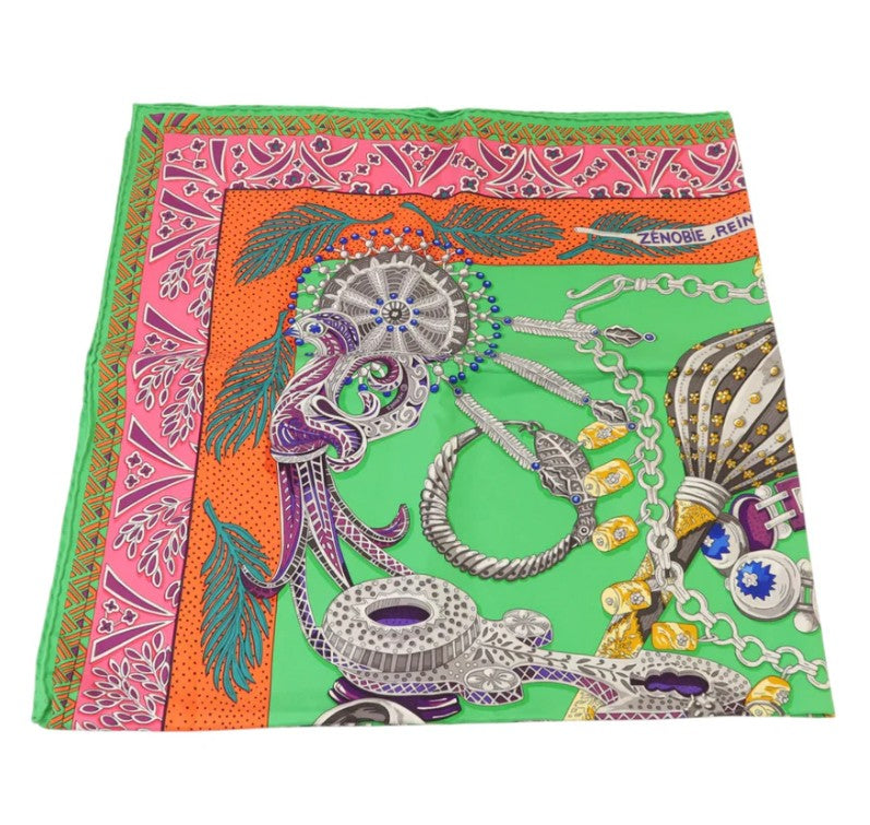 Pre-owned HERMES 90x90 Scarf Scarves Silk Green/Orange/Pink/Multicolor