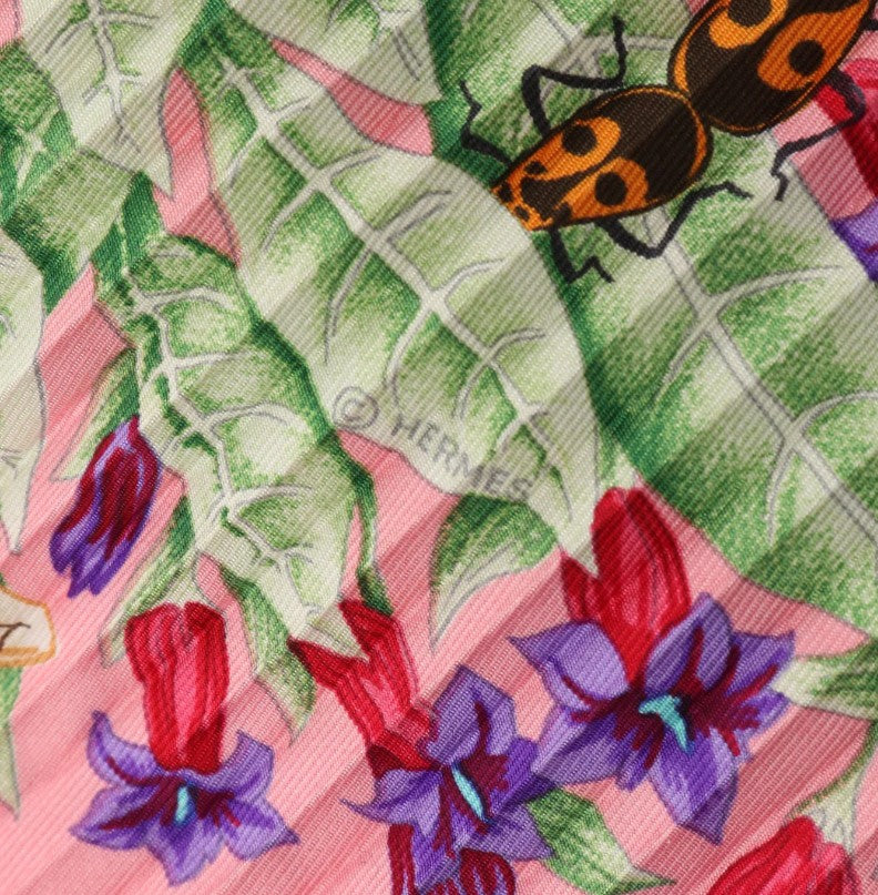 Pre-owned HERMES Caleprise LA PRAIRIE Pleats Scarf Silk Pink Multicolor