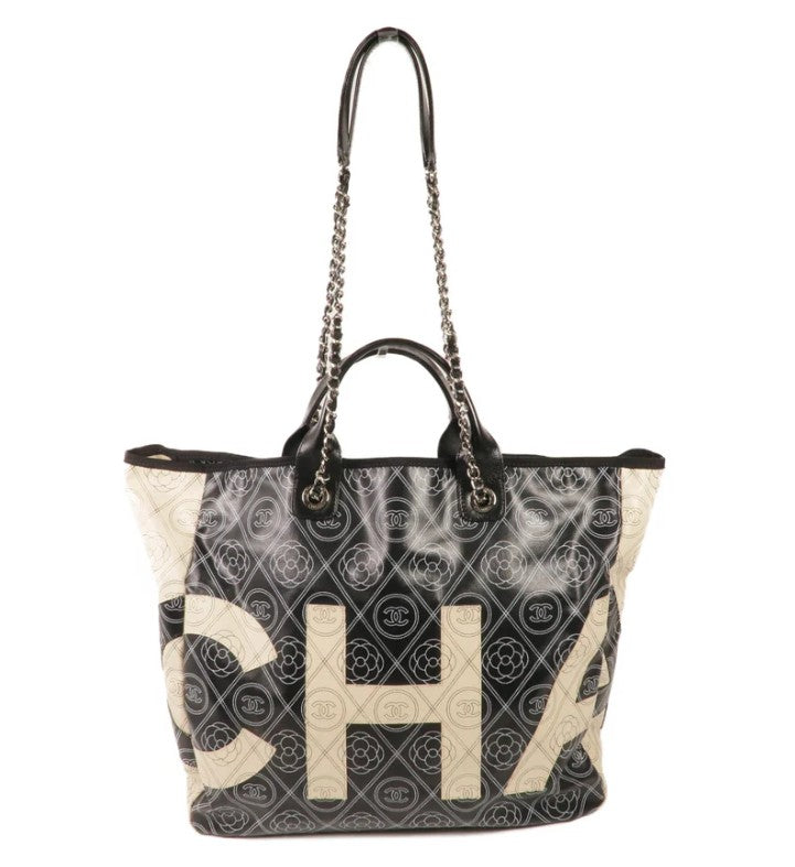 Pre-owned CHANEL Shoulder Tote Bag Coated Canvas Black Beige