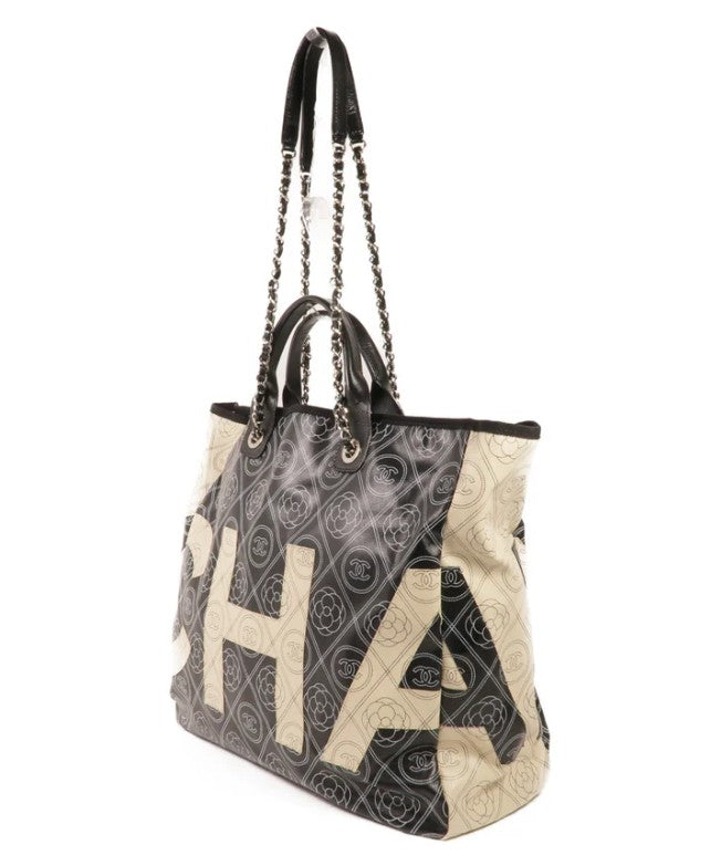 Pre-owned CHANEL Shoulder Tote Bag Coated Canvas Black Beige