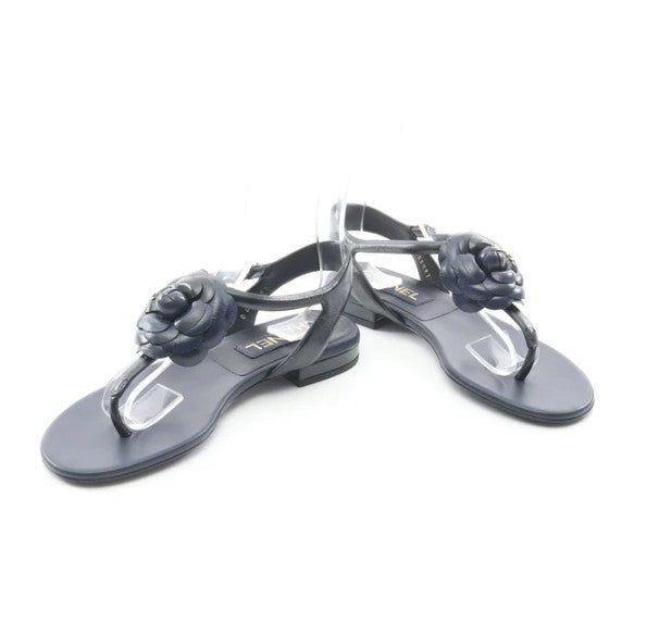 Pre-owned CHANEL Camellia Coco mark Sandals Leather Black Dark navy