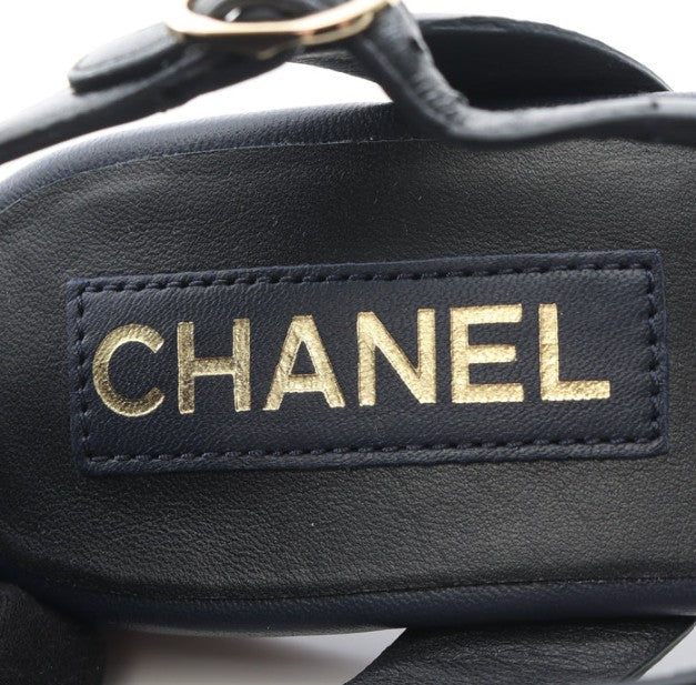 Pre-owned CHANEL Camellia Coco mark Sandals Leather Black Dark navy