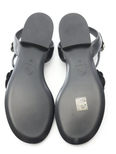 Pre-owned CHANEL Camellia Coco mark Sandals Leather Black Dark navy