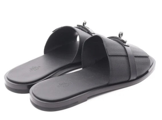 Pre-owned HERMES Gabriel Kelly Buckle Sandals Leather Black Black hardware