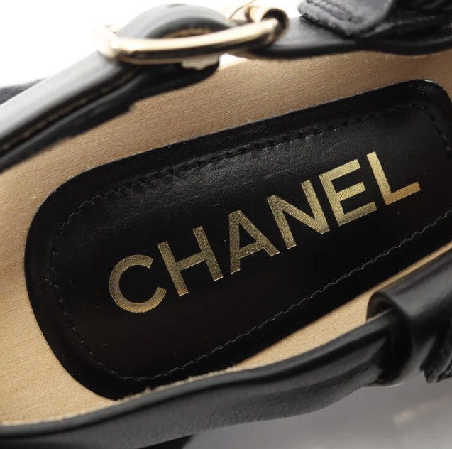 Pre-owned CHANEL Coco mark Sandals Leather Black Pearl Wood sole