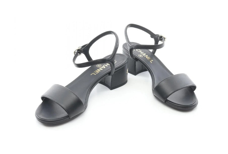 Pre-owned CHANEL Logo heel Sandals Leather Black