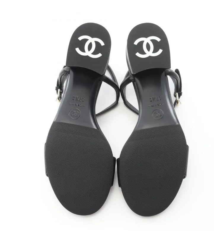 Pre-owned CHANEL Logo heel Sandals Leather Black