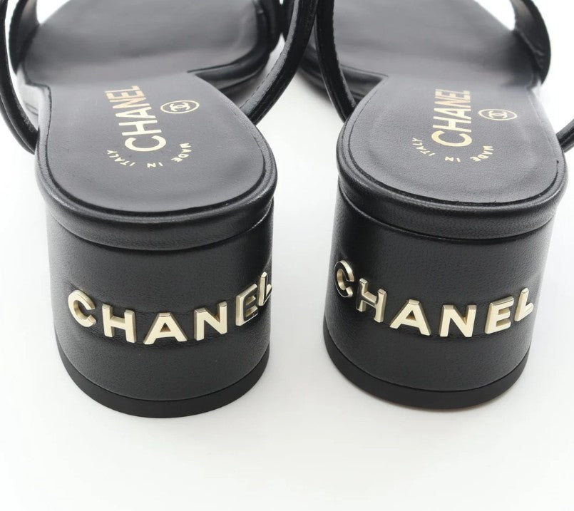 Pre-owned CHANEL Logo heel Sandals Leather Black