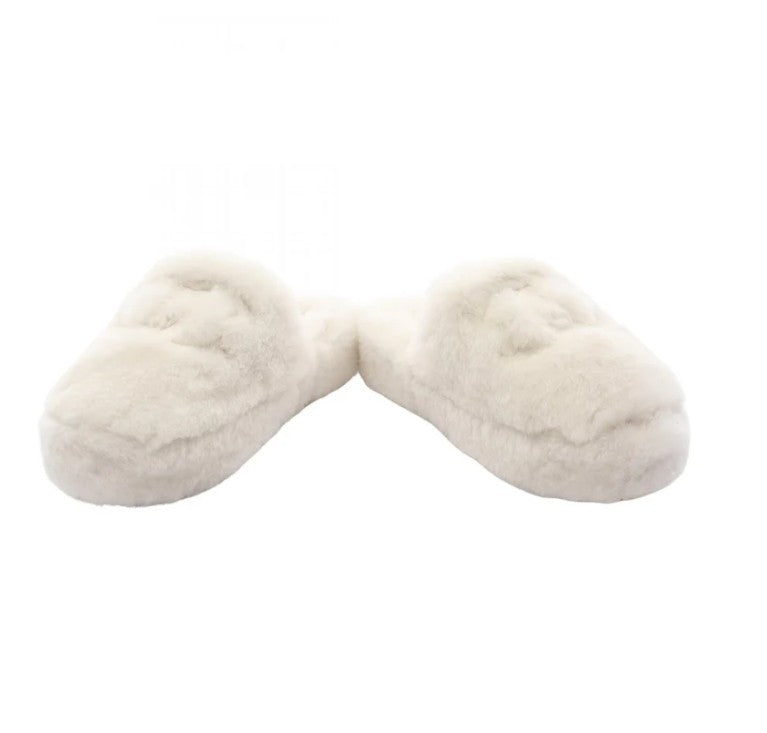 Pre-owned CHANEL Coco mark Fur Slide sandals Fur White