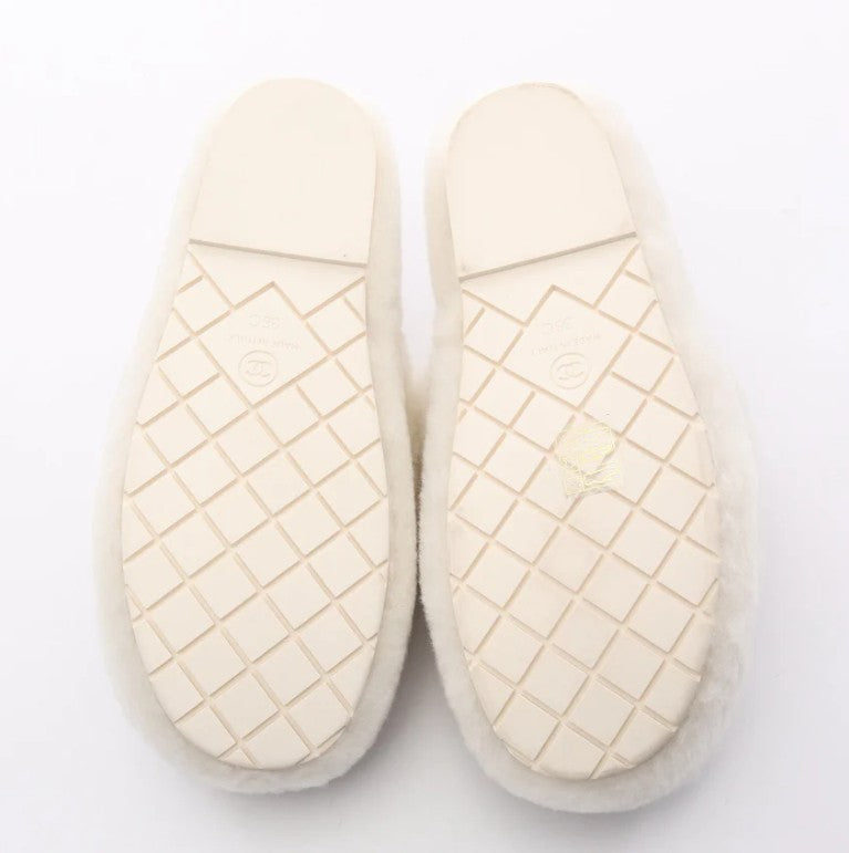 Pre-owned CHANEL Coco mark Fur Slide sandals Fur White