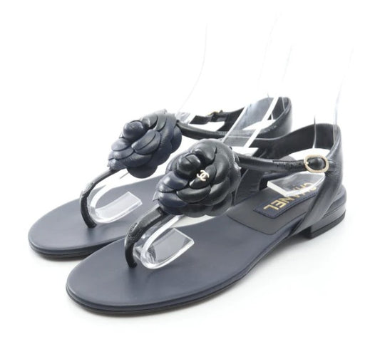 Pre-owned CHANEL Camellia Coco mark Sandals Leather Black Dark navy