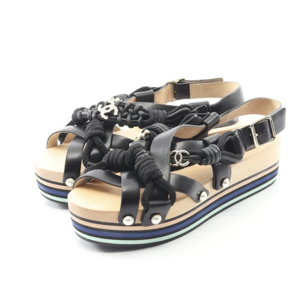 Pre-owned CHANEL Coco mark Sandals Leather Black Pearl Wood sole