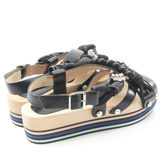 Pre-owned CHANEL Coco mark Sandals Leather Black Pearl Wood sole