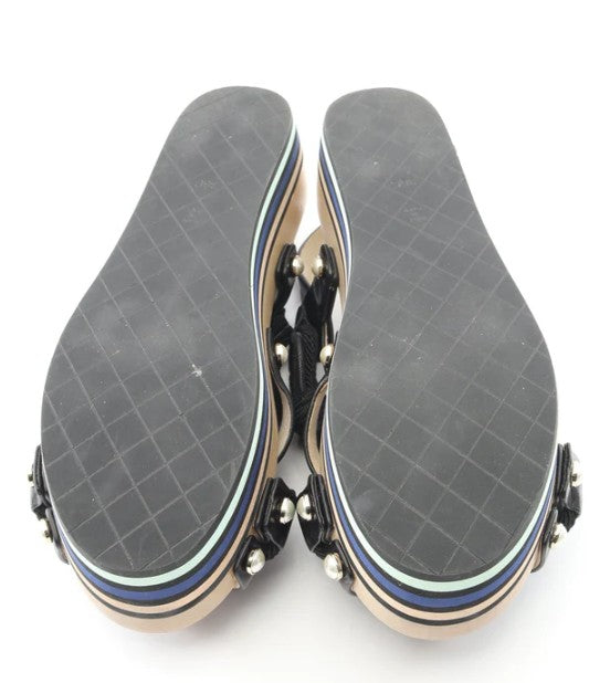 Pre-owned CHANEL Coco mark Sandals Leather Black Pearl Wood sole