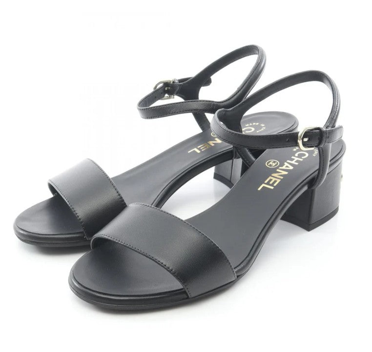 Pre-owned CHANEL Logo heel Sandals Leather Black
