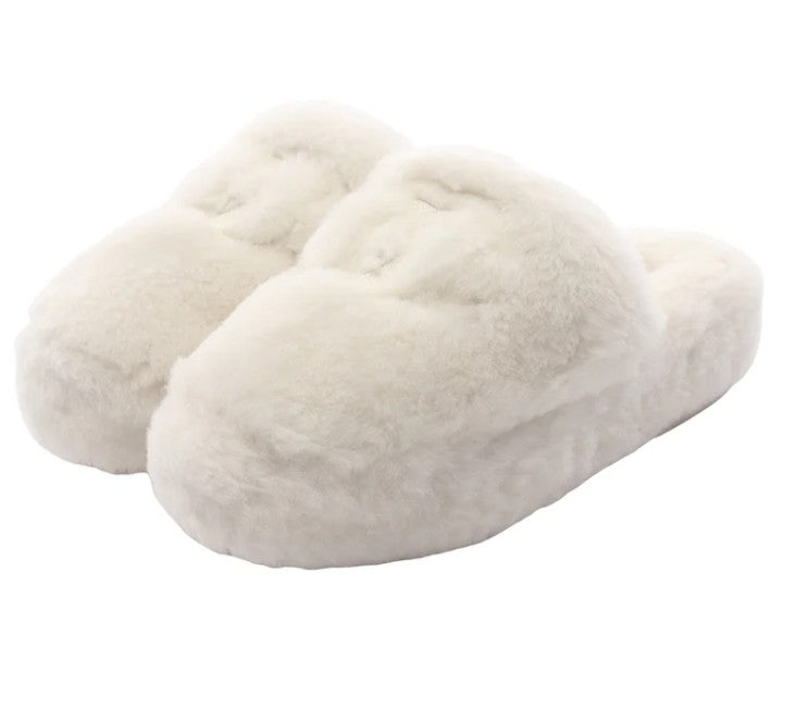 Pre-owned CHANEL Coco mark Fur Slide sandals Fur White