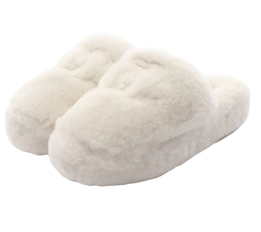 Pre-owned CHANEL Coco mark Fur Slide sandals Fur White
