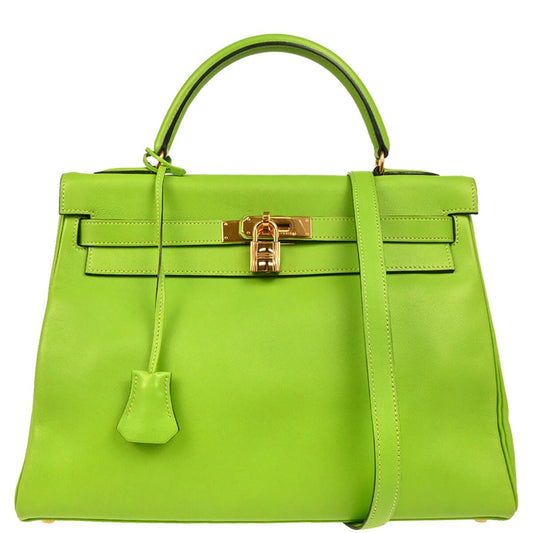 Pre-owned  Hermes Kelly Handbag Green Gulliver with Gold Hardware 32